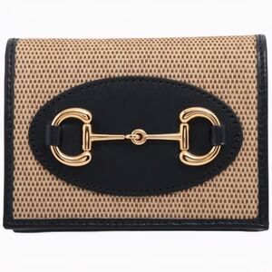 Gucci Beige and Black Woven Card Case with Gold Horsebit